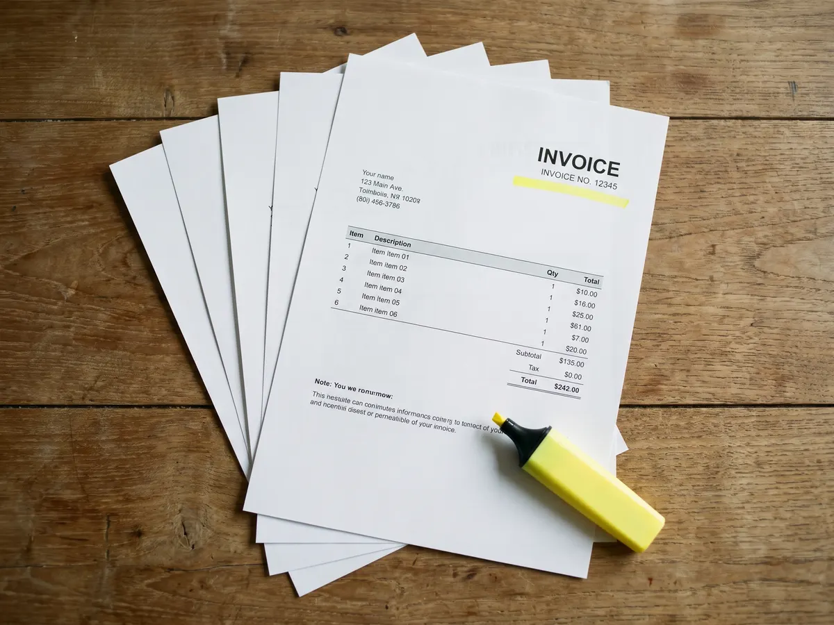 Fan of printed A4 invoices on a light table, the top sheet marked with a yellow highlighter.