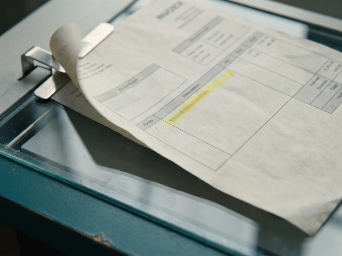 Printed invoice lifting off a light table, highlighter stroke on one field.